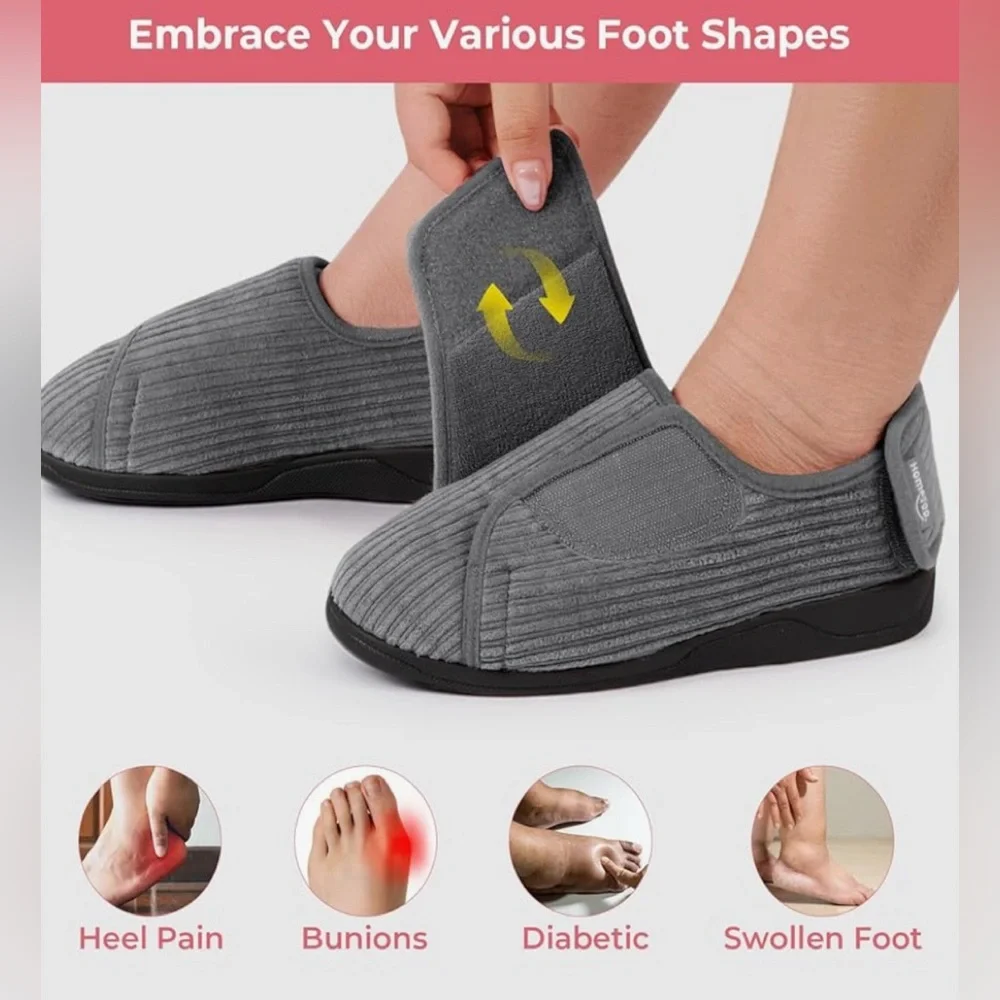Hometop Grey House Slippers Traction Hard Soles Double Velcro Woman 9 Elderly - Picture 5 of 9